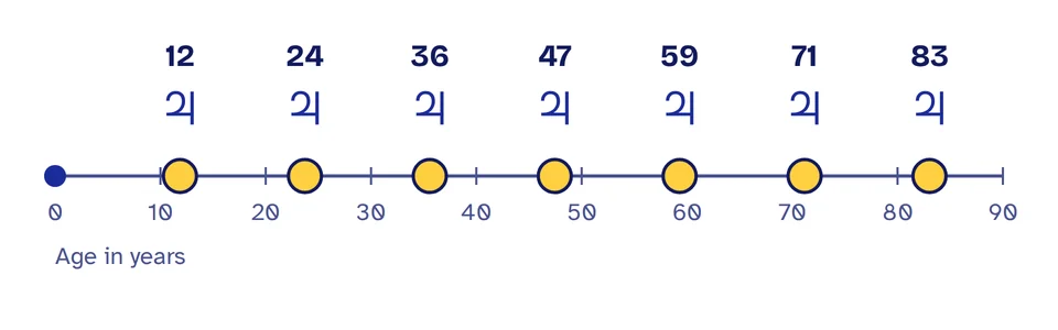 Timeline of a life from birth to age 90 with Jupiter returns marked at about ages 12, 24, 36, 47, 59, 71 and 83